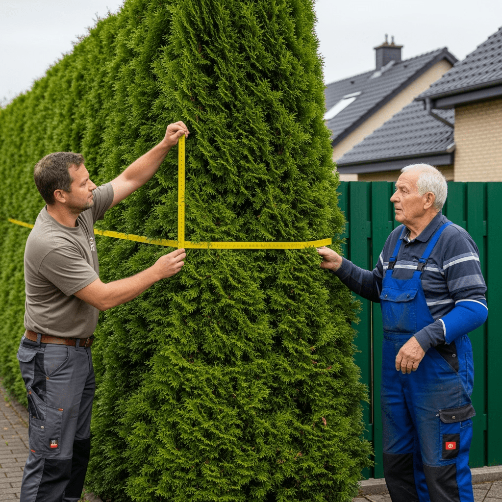 Mann misst mit Maßband die Thuja-Grenze gegen skeptischen Nachbarn in blauer Arbeitshose